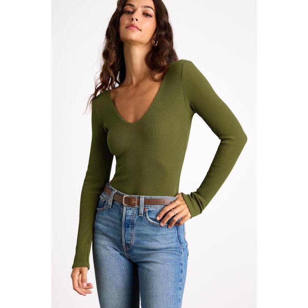 Lulus Easygoing Chic Olive Green Long Sleeve Bodysuit - Size XL